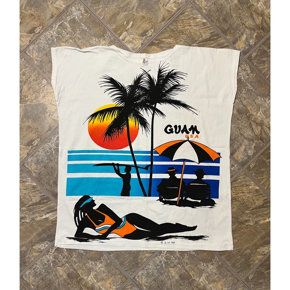 Guam Hibiscus T-Shirt Mens 2XL/3XL White Vintage 90s Single Stitch Graphic